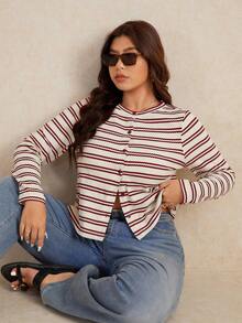 Elaquor 秋季大码女式条纹长袖单排扣休闲T恤