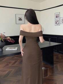 Modelyn Women's Off Shoulder Ruched Waist Elegant Wedding/Occasion Dress,Fall Wedding Guest Dress - Coffee - View 3