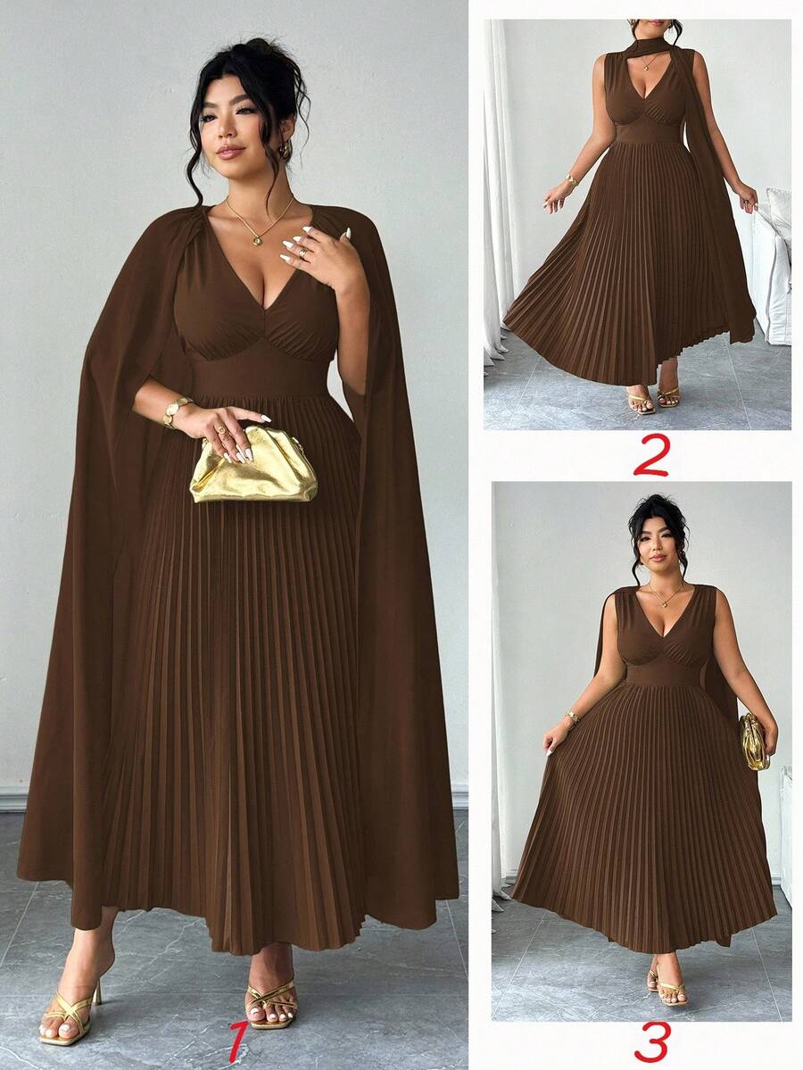 Elenzga 加大码 V 领拼接雪纺蝙蝠袖仿腰褶皱 A 字下摆休闲优雅连衣裙，适合外出、聚会、度假 - 棕色 - 查看 1