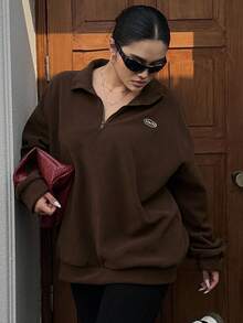 Dazy Plus Plus Size Zip-Up Letter Embroidered Loose Fit Fleece Hoodie, Streetwear Style, Autumn/Winter, Plus Size