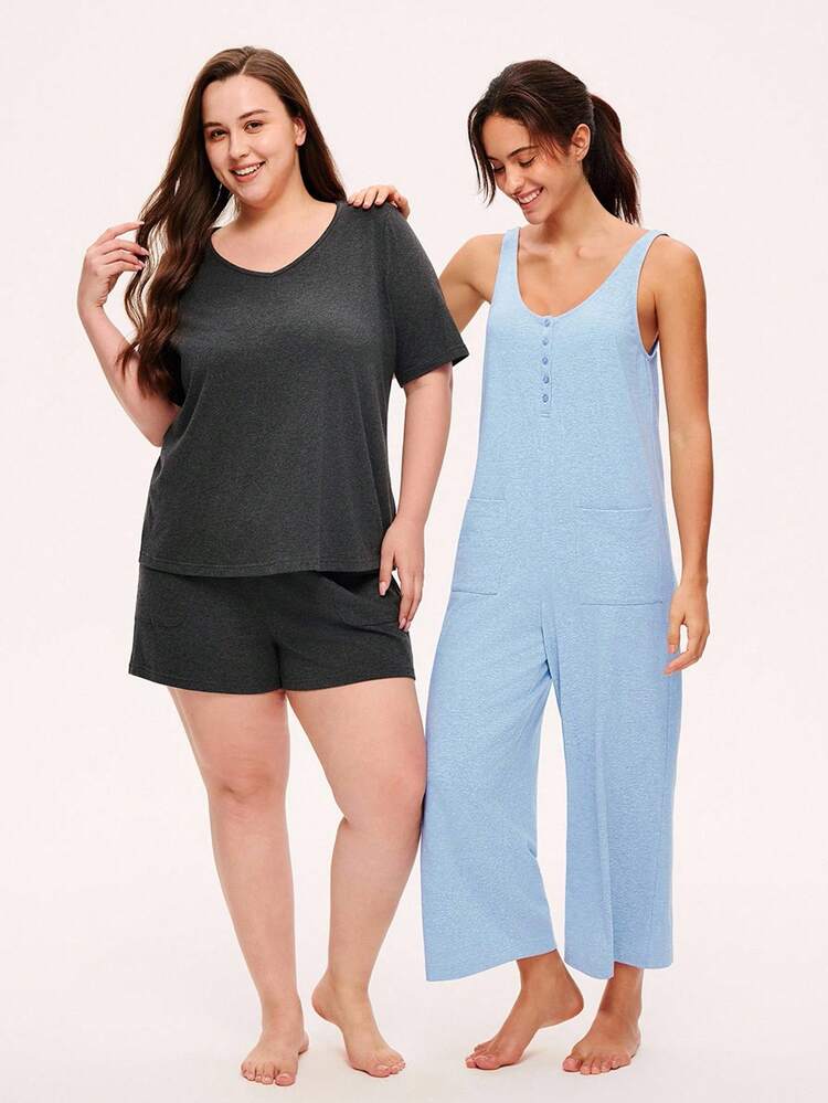 Conjunto de pijama de verano de gran tamaño, suave y de algodón para mujer. Conjunto de ropa de estar en casa con pantalones con bolsillos, lencería como ropa exterior, conjunto a juego