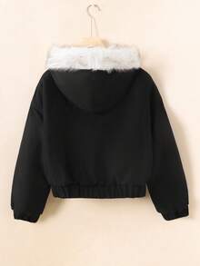 SHEIN Teen Girls' New Plush Collar Hooded Thick Fashion Jacket, Winter Versatile Hooded Padded Coat Fall - Black - View 3