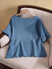 EMERY ROSE 大码女式短袖简约时尚休闲日常度假西式装夏季沙滩荷叶边衬衫 - 藍色 - 查看 2