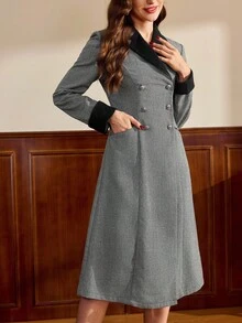 Vintamour 复古经典优雅女士常规款外套，秋冬修身撞色翻领外套，双排扣外套，金属纽扣外套，黑白长袖外套，提花大衣，秋冬女装，女士冬季服装，女士冬季外套，新年女装 - 黑與白 - 查看 3