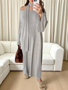 Auralis 大码女式休闲露肩长裙 - 卡其色 - 查看 6