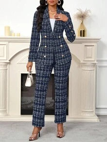 SHEIN Lady 2025 New Navy Blue Tweed Printed Women's Two Pieces Set Elegant Commuter Women's Two Pieces Set - Navy Blue - View 3