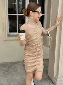 SHEIN Tween Girl Fitted Long Sleeve Dress Fall Winter - Khaki - View 7