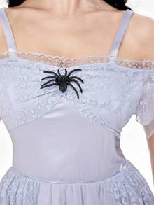 ROMWE Avant Váy xòe ren tuyn mặt dây chuyền nhện Halloween, trang phục cô dâu cosplay - Màu Xám nhạt - Xem 2