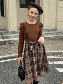 MODELY Tween Girl 女童针织拼布格子连衣裙，舒适罗纹面料，荷叶边下摆，收腰，休闲度假装，适合春秋季节 - 摩卡棕 - 查看 3