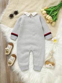 1 件婴儿针织连体衣，可爱小狗提花设计，长袖连体衣，时尚休闲又可爱 - 灰色 - 查看 2