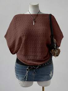 Sunspun 大码女式时尚优雅波西米亚风镂空短袖宽松针织上衣，适合度假、春、夏、秋季穿着。 - 咖啡棕 - 查看 4