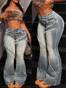 Jeanoix Quần jean ống loe ôm vừa vặn thường ngày cho nữ cỡ lớn - Màu xanh lam - Xem 7