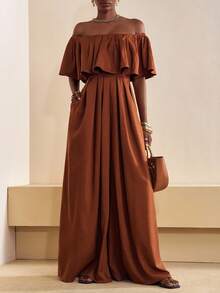 Zivah 2025 秋冬新品，音乐节，毕业季，学院风，学生装，日常休闲，度假，海滩，街头风，通勤优雅，露肩荷叶边连体裤，纹理面料，西装面料，有口袋，棕色连体裤 - 棕色 - 查看 6