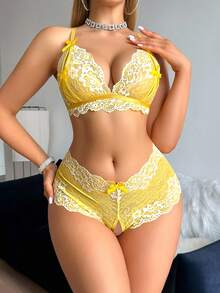 SHEIN 2 件经典性感蕾丝无钢圈文胸和开裆内裤套装，女士内衣，外出 - 黃色 - 查看 6