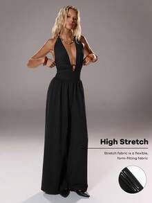 SHEIN Unity 1 Stück Damen Bodycon Jumpsuit, Schwarz, Frühling/Sommer, Büro & Party, gestrickt dehnbar locker, tiefer V-Ausschnitt rückenlos ausgeschnitten, elegant & sexy, geeignet für Alltag, Büro, formelle Anlässe - Schwarz - Übersicht 1