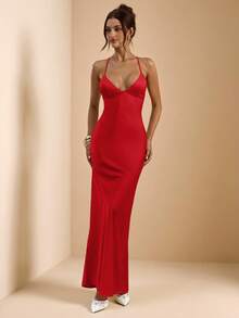 SHEIN BAE Váy đuôi cá satin dài, hở lưng, cổ chữ V sâu màu mơ và trắng, dây mảnh, dáng suông, buộc nơ, đầm thanh lịch, đầm đi nghỉ, đầm phù dâu, đầm dự tiệc sinh nhật, đầm tốt nghiệp, đầm trắng - Đỏ - Xem 4