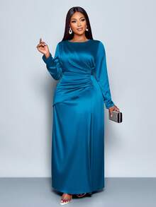SOLERSUN Women's Elegant Solid Color Ruched Side Satin Bodycon Dress,Suitable For Dating Party Maxi Women Outfit Fall - Teal Blue - View 3