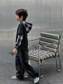 Mirajuku 男童休闲街头格子拼接连帽套头衫，适合秋冬季日常通勤穿着 - 黑色 - 查看 3