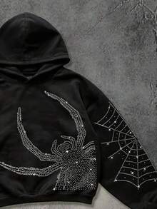 ROMWE MEN Street Life Men's Fashionable Casual Sparkling Diamond Spider Hoodie, Fall