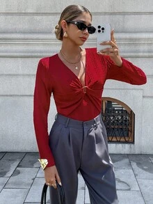 Chiquease Elegant French Style V-Neck Long Sleeve Fitted Red T-Shirt For Women, New Autumn Collection - Red - View 5