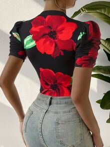 SHEIN SXY Talkative 图案印花泡泡袖优雅修身连体衣 - 彩色 - 查看 2