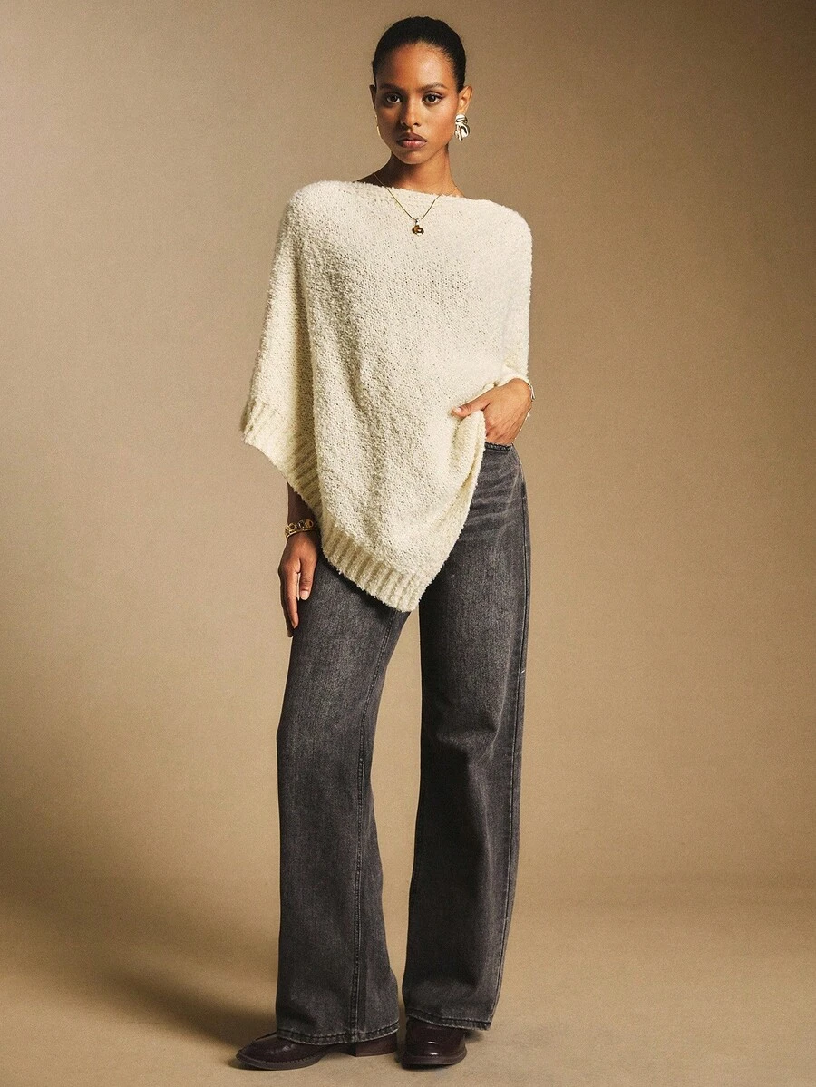 Poéselle Solid Color Casual Loose Asymmetric Hem Women Sweater In Fall/Winter,Cozy Fall And Winter Clothes For Women - Apricot - View 1