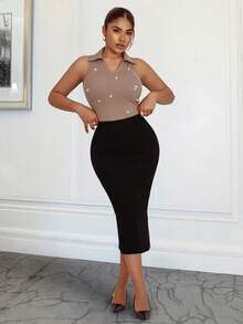 Xyvia Women's Elegant Back Slit Design Fleece Sweater & Bodycon Skirt Set, Suitable For Commute, Daily Wear, And Dates, Autumn/Winter - Black - View 5