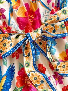 Soleia Soleia Women's Vacation Casual Elegant Tropical Floral Print Belted Strapless Jumpsuit, Suitable For Party, Evening, Sexy, Date, Beach Vacation, Summer Outfit, Holiday Date, Afternoon Tea, Seaside Beach Cruise Vacation, Urban Vacation, Boho Vacation, Music Festival, Beach Dress Can Be Worn Inside Or Outside, All Season Tropical Romper Beach Romper Vacation Romper Floral Romper