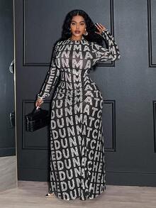 Veslaya Spring/Autumn New Elegant Sexy & Party & Date & Evening & Graduation & Wedding & Birthday Party Banquet Fitted Sheer Mesh English Letter Print Long Sleeve Round Neck Waist Ruched Maxi Plus Size Dress - A - Black - View 5