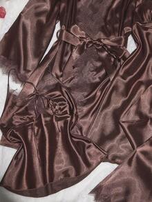 Bộ 4 món SilkySpell: Áo hai dây chữ V khoét sâu gợi cảm dành cho nữ, Áo ngủ, Quần, Áo choàng, Bộ đồ ngủ bằng vải satin, Màu cà phê, Bộ đồ ngủ màu nâu cho mọi mùa Bộ đồ ngủ bằng vải satin Bộ đồ lót bằng vải satin Chi tiết ấm cúng và thanh lịch, Quần áo thu đông - Màu nâu Sô-cô-la - Xem 5
