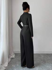 Elenzga Women's Fashionable Elegant Shawl Neck Double-Breasted Jumpsuit