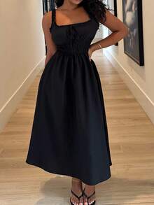 Alexandranx Chất rắn Lá sen tỉa Tie Trước Đầm - màu đen - Xem 4