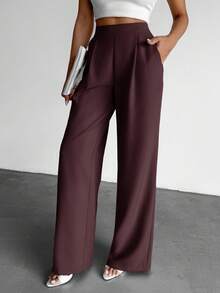 EURMUSE Women's Solid Color High Waist Pleated Wide Leg Loose Casual Pants For Work - Brown - View 4