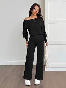 SHEIN PETITE Women's Solid Color Asymmetric Collar Casual Jumpsuit, Suitable For Petite,Fall Clothes For Women,Chic Women's Jumpsui,Elegant,Civil Wedding,Wedding Guest , Party,Home, Leisure, Comfort Upgrade,Sporty, Multifunctional - Black - View 5