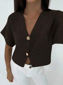 Aloruh New Minimalist Fashion Commuter Deep V-Neck Short Sleeve Slim Fit Double-Button Cardigan, Casual & Versatile In Fall/Winter,Brown Sweater - Coffee Brown - View 6