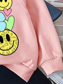 SHEIN Leap Crew 微笑、豹纹、心形、花卉印花套头衫，适合年轻女孩，休闲宽松圆领柔软针织加厚上衣，适合秋冬季 - 粉色 - 查看 3