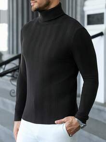 Manfinity CasualCool Men's Casual Solid Color Turtleneck Slim Fit Versatile Long Sleeve T-Shirt, Fall - Black - View 6