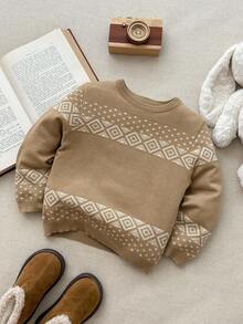 Blossori Young Boys' French Elegant Geometric Pattern Crew Neck Long Sleeve Sweater Fall Winter - Khaki - View 1