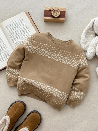Blossori Suéter de cuello redondo de manga larga con patrón geométrico elegante francés para niños pequeños