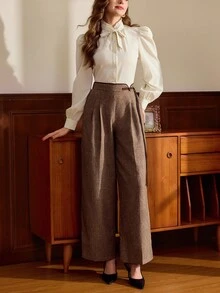 Vintamour Vintage Classic Elegant Women's Pants, Fitted Contrast Trim Pants, Button Closure Trousers, Brown Pants, Autumn/Winter Autumn Clothes Winter Clothes For Women  Brown Pants Business Casual Woman New Year Women's Clothes Brown Pants - Brown - View 5