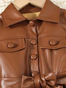 SHEIN Elladie kids Young Girls Casual Fashion Leather Single-Breasted Jacket Fall Winter - Brown - View 4