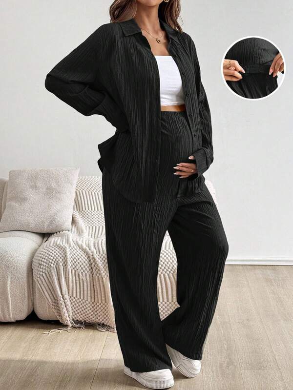 SHEIN 2 piezas Conjunto de maternidad de unicolor con top de manga larga casual y pantalones, conjunto de 2 piezas, ropa de mujer cómoda, conjuntos de 2 piezas para mujer, conjuntos casuales de 2 piezas para mujer, ropa de maternidad, trajes de 2 piezas