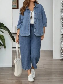 EMERY ROSE Plus Size Solid Color Casual Long Sleeve Denim Shirt,Travel, Commuting, Party, Vacation, Old Money Style, Shopping, Banquet, Elegant, Party, Date,Winter,Fall ,Autumn,Halloween,Christmas ,New Year,Thanksgiving, Party - Blue - View 3