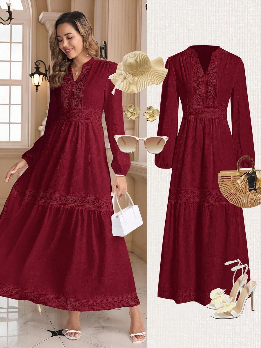 Gownix Women's Woven Jacquard Texture V-Neck Ruffle Hem Lace Trim Summer Dress - Burgundy - View 1