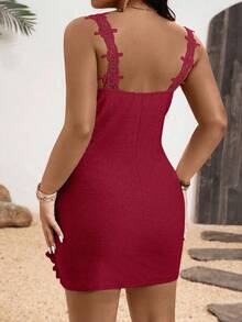 SHEIN LUNE Plus Size Women V-Neck Criss-Cross Ruched Contrast Ruffle Asymmetric Hem Fitted Dress Fall - Burgundy - View 2