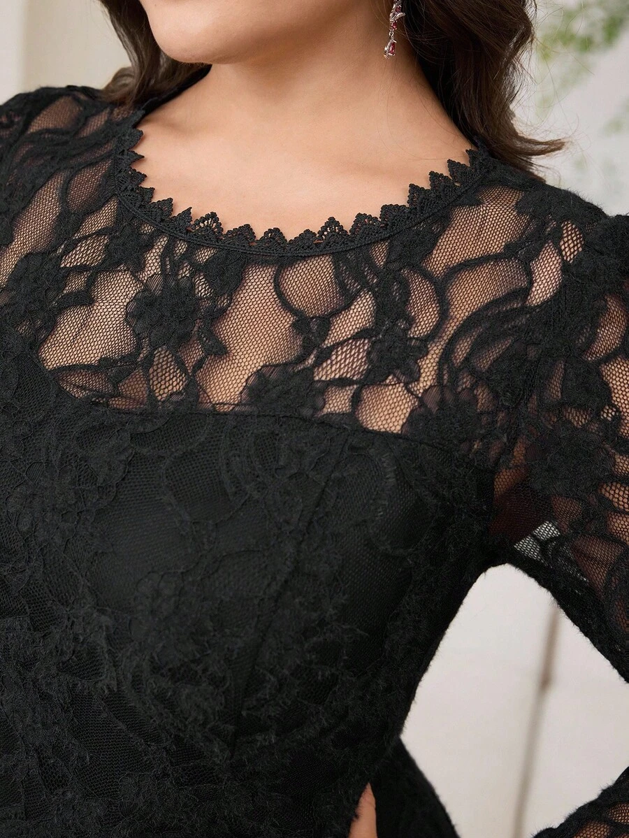 Modelyn Plus Size Women Floral Lace Round Neck Long Sleeve Fitted Elegant Dress - Black - View 1