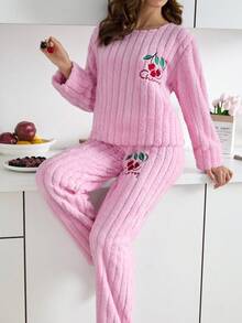 EURMUSE 2件套条纹绒毛面料樱桃刺绣家居睡衣套装 - 粉色 - 查看 3