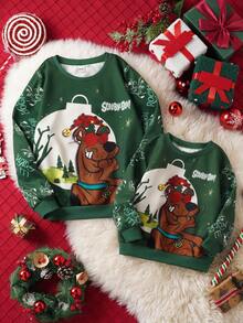 SCOOBY-DOO X SHEIN Sudadera de cuello redondo de manga larga con estampado de dibujos animados navideños para niño preadolescente