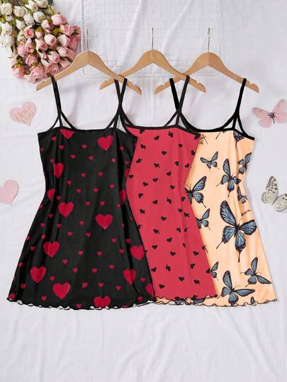 3pcs Women Heart & Bow Print Knit Camisole Nightgown Set