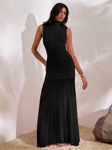 Opulessa 1 件女士纯色针织网眼修身美人鱼连衣裙 - 黑色 - 查看 5